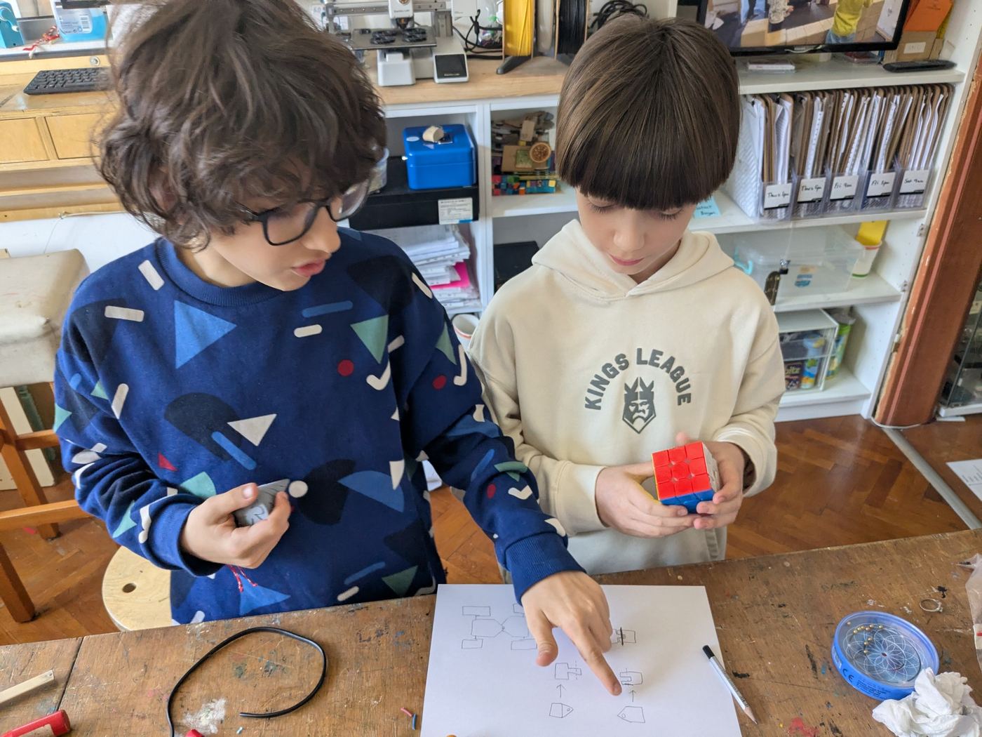 A child using a TwoFish reflection and self-knowledge worksheet at a workbench.