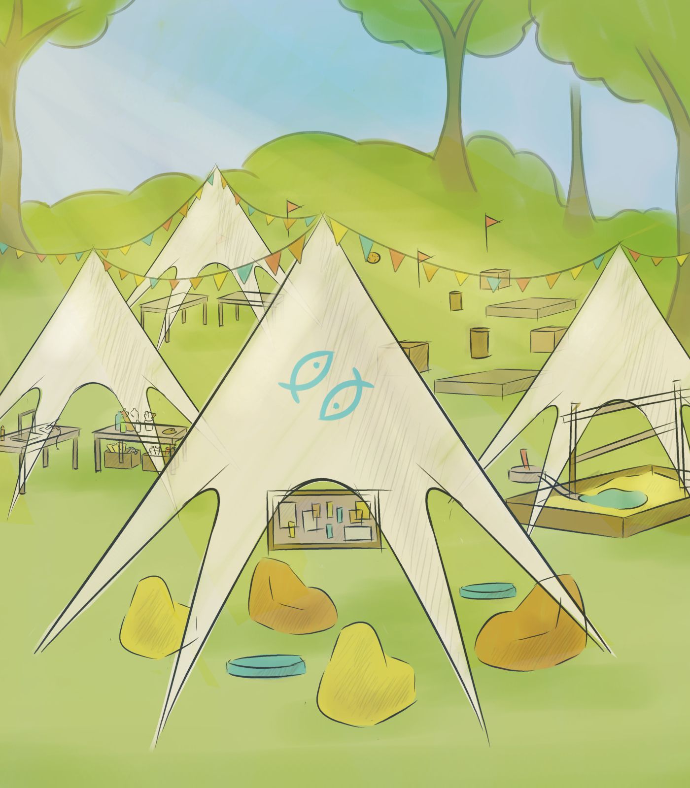 An outdoor tent and sail structure showing the kind of summer environment being proposed.